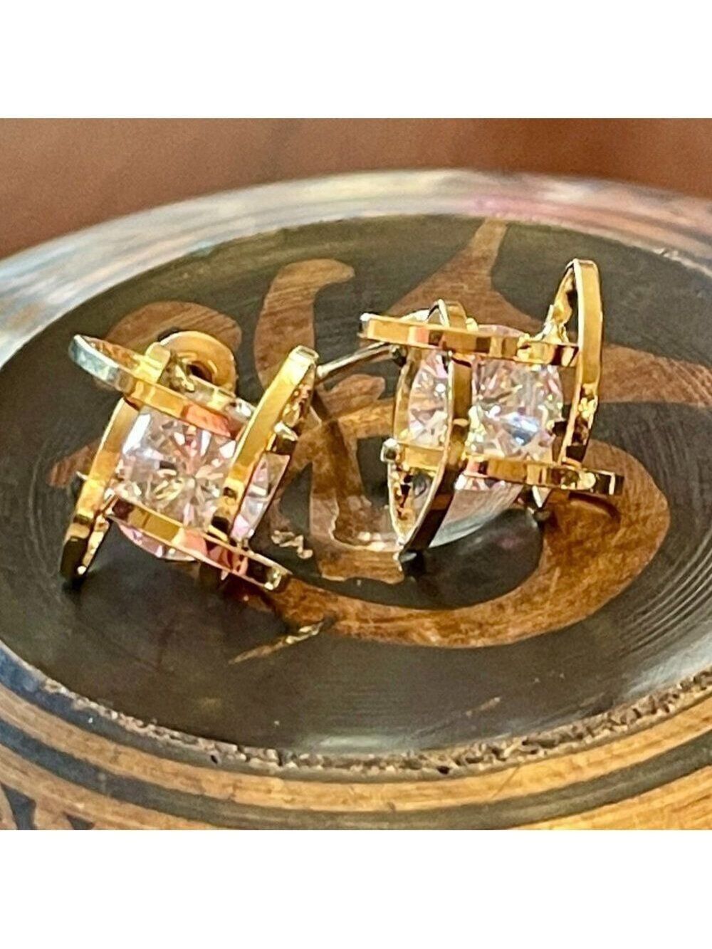 CZ and Gold Tone Stud Earrings #406